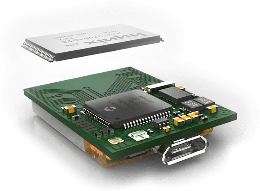 Exploded view of the AX3 electronics, with the memory chip lifted above the circuit board.